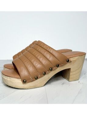 Beek Roller Light Brown Leather Wood Platform Clog Heeled Sandal 10